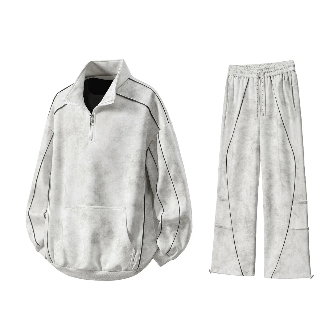 脏脏灰两件套男美式复古潮流半拉链卫衣卫裤情侣休闲运动套装