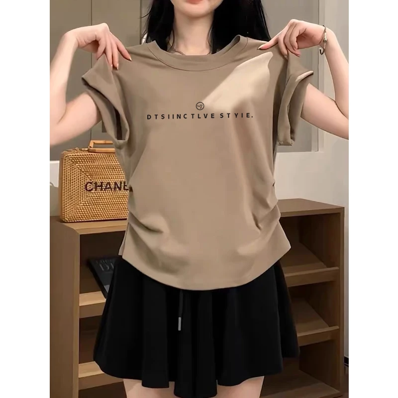 小飞袖褶皱正肩短袖t恤女夏季2025新款设计感收腰显瘦圆领上衣潮
