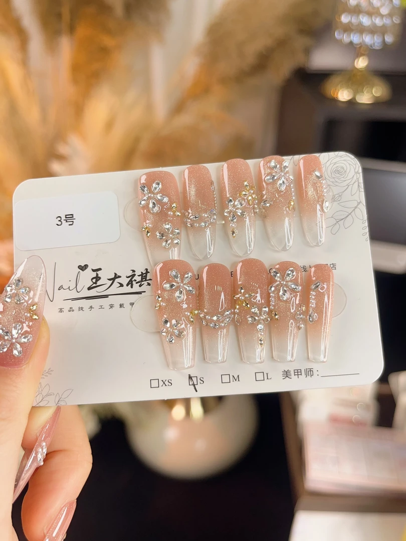 【鎏金锆花】粉色气质纯手工穿戴甲金色猫眼高碳锆石钻