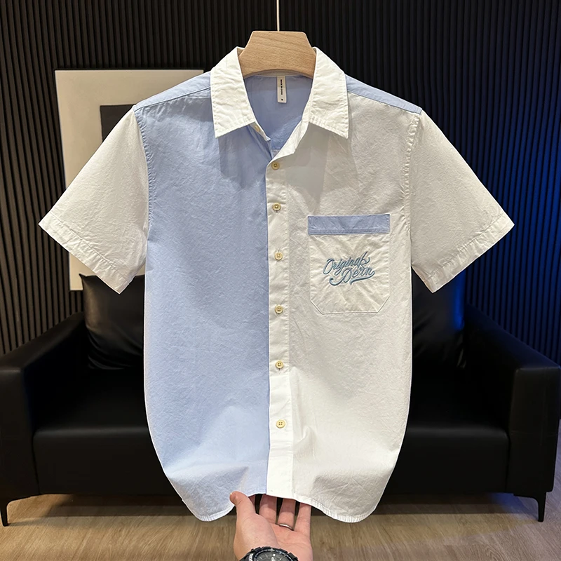 夏季新款日系拼接刺绣短袖衬衫男宽松时尚百搭潮流衬衣男装上衣潮