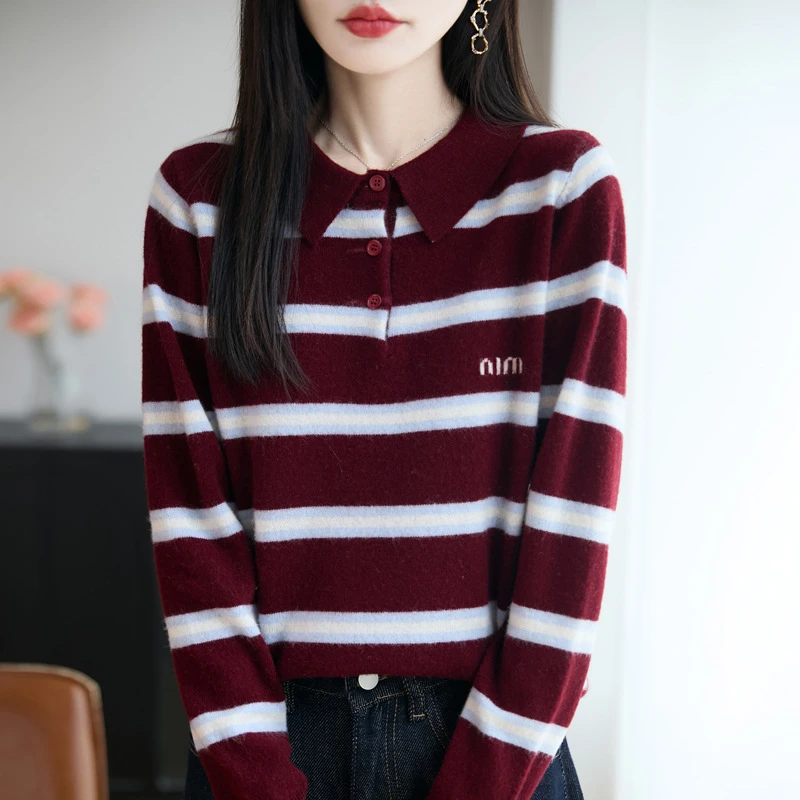 复古设计感条纹字母翻领羊毛衫女学院风针织衫女少女风毛衣女可