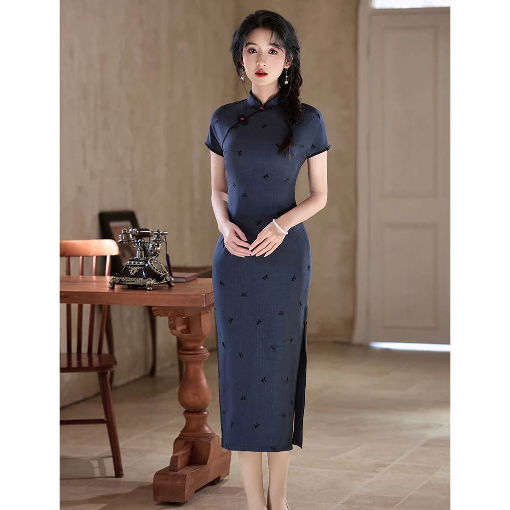 新中式文艺复古蓝色旗袍2025夏季新款改良绝美气质年轻款日常少女