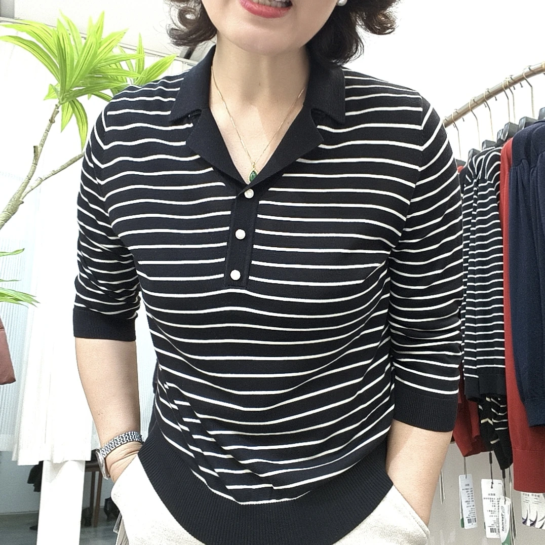 《遇见服饰》莱赛尔黑白横条纹九分袖小翻领气质天丝衫