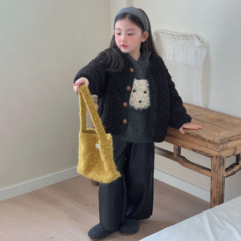 【安安家】女童毛毛外套连帽针织毛衣加绒保暖皮裤三件套潮Z-KY045