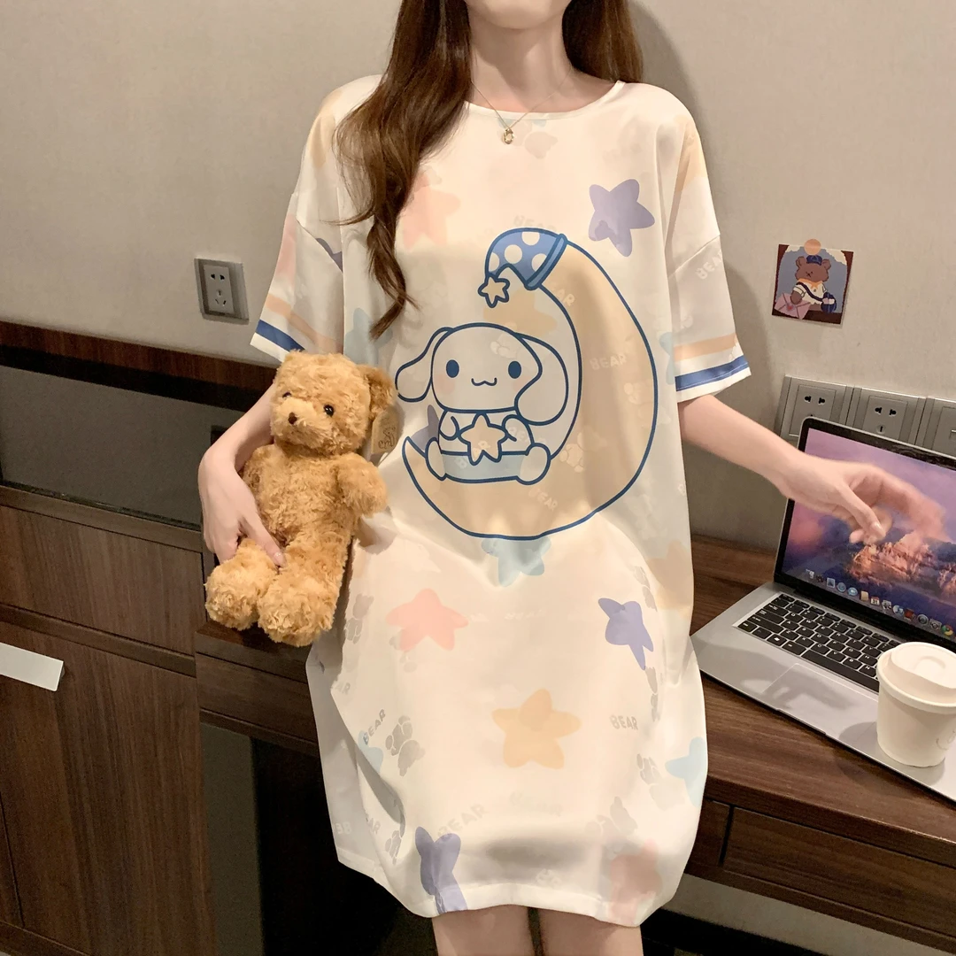 【冰凉感】玉桂狗卡通冰丝夏季女士中长款薄款大码网红舒适宽松睡裙