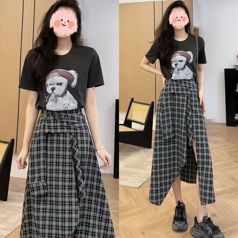 2025夏季新款时尚洋气设计感不规则格子半身裙+短袖T恤两件套套装