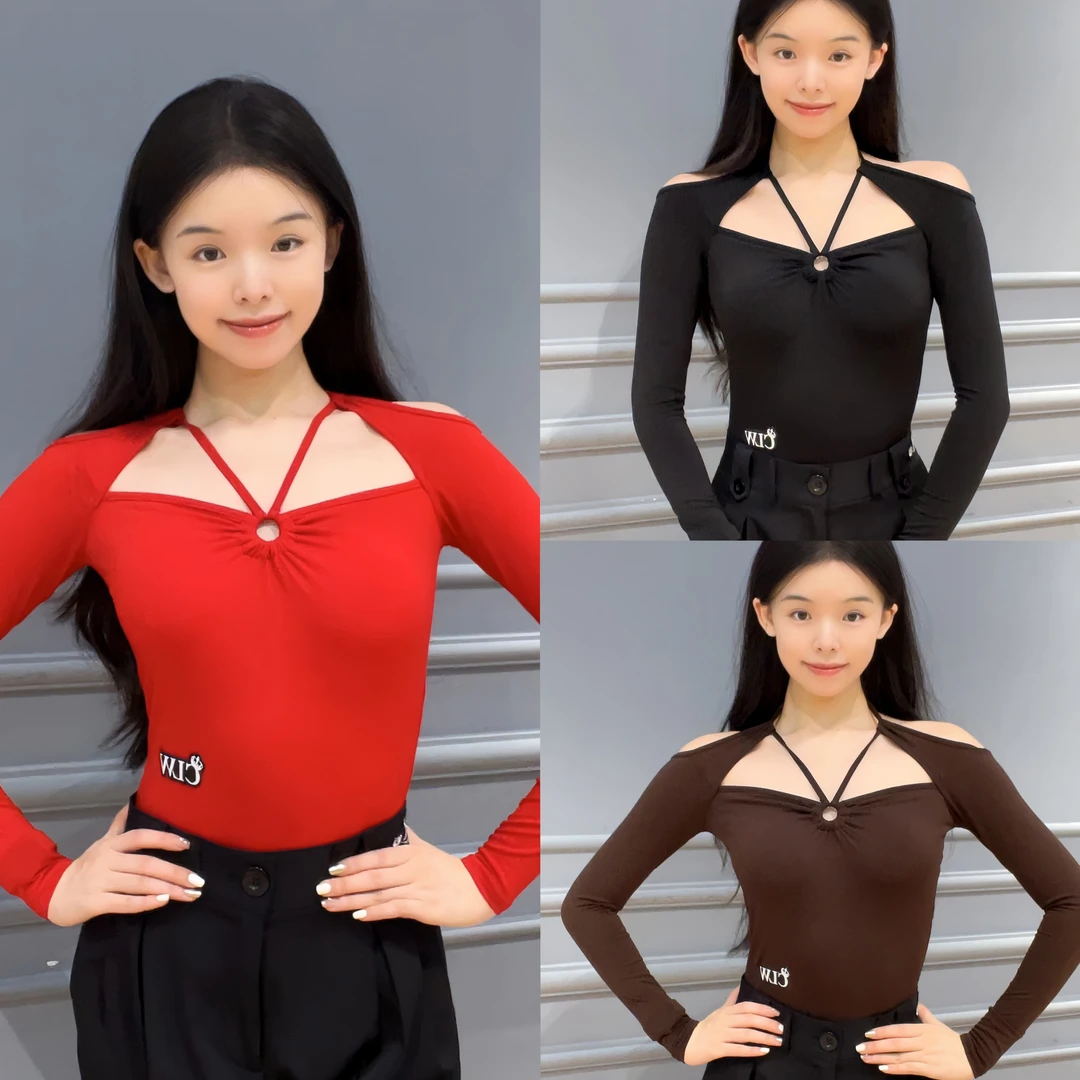 CLW三色长袖上衣秋冬新款自带胸垫拉丁摩登专业练功服成人女