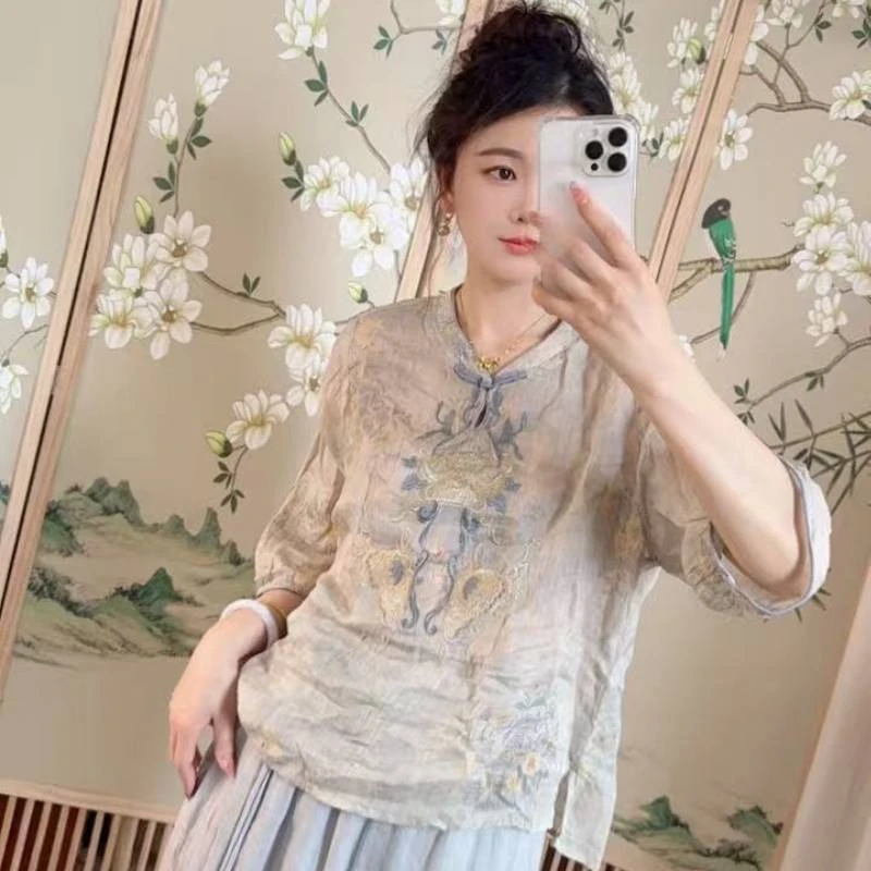 5078 国风中式刺绣苎麻衬衫女2025夏季新款洋气时尚百搭女装上衣