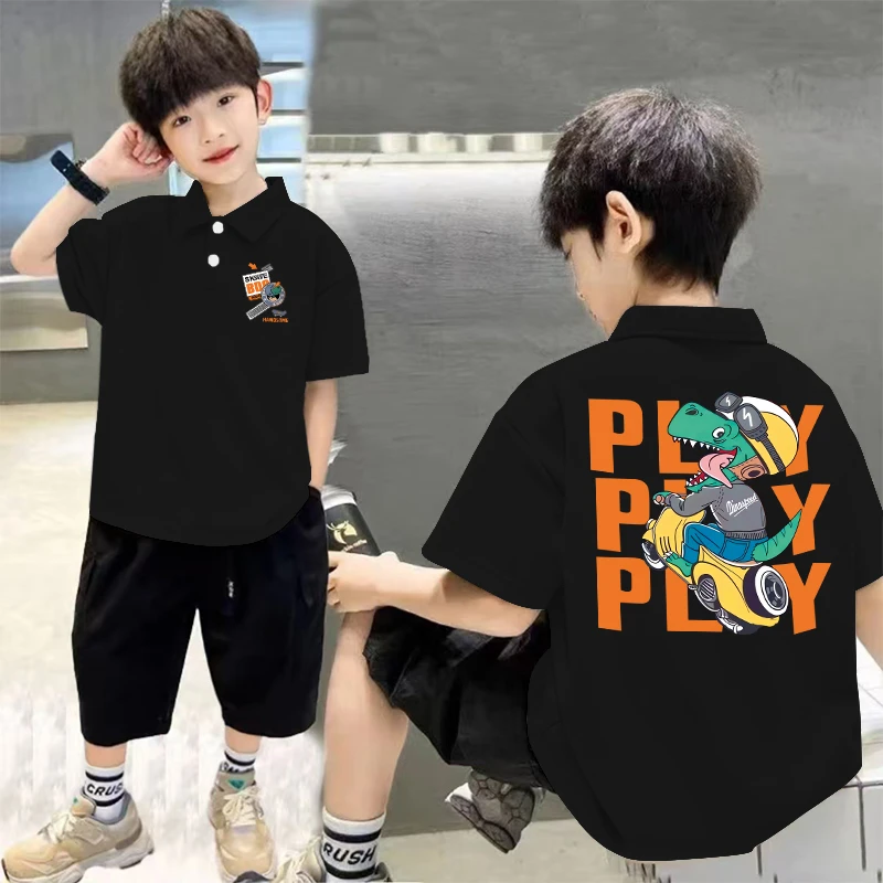 纯棉POLO领男童短袖t恤2025新款儿童小恐龙休闲半袖纯棉宽松上衣