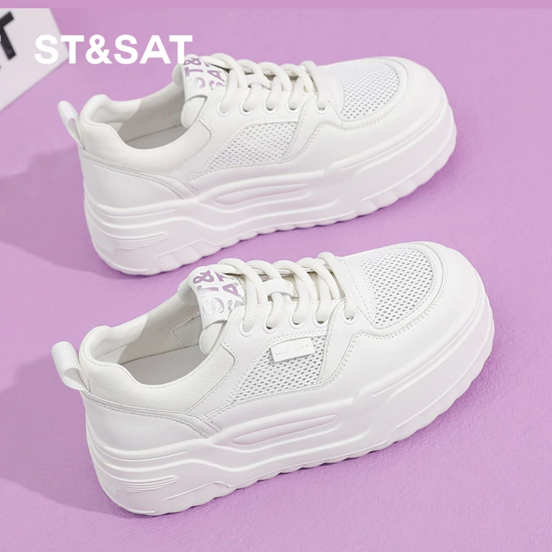 星期六女鞋春夏透气软底小白鞋女款增高显瘦厚底网面休闲平底板鞋