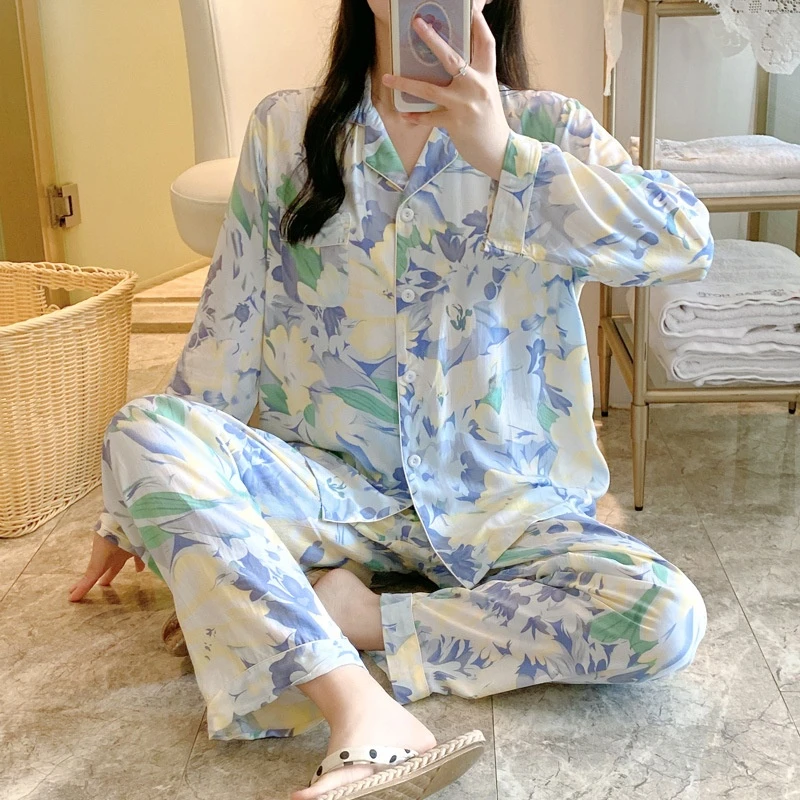 2025新款棉绸睡衣女春秋薄款长袖套装网红大码人造绵绸家居服夏天
