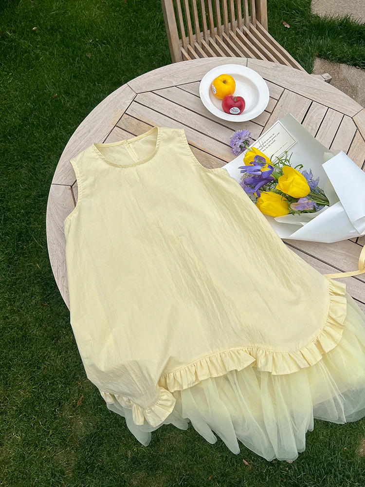 女童度假风仙气公主无袖连衣裙儿童黄色网纱拼接背心裙