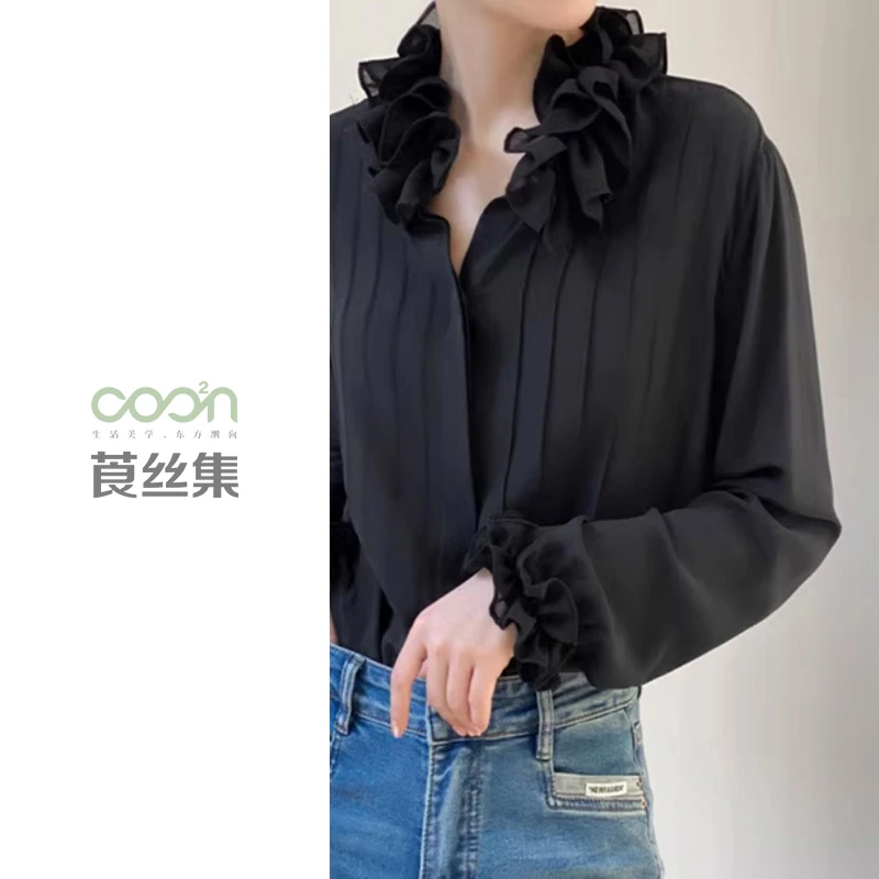 COO²N/莨丝集【法式皇家】新款100%桑蚕丝衬衫上衣黑色衬衣CCS184