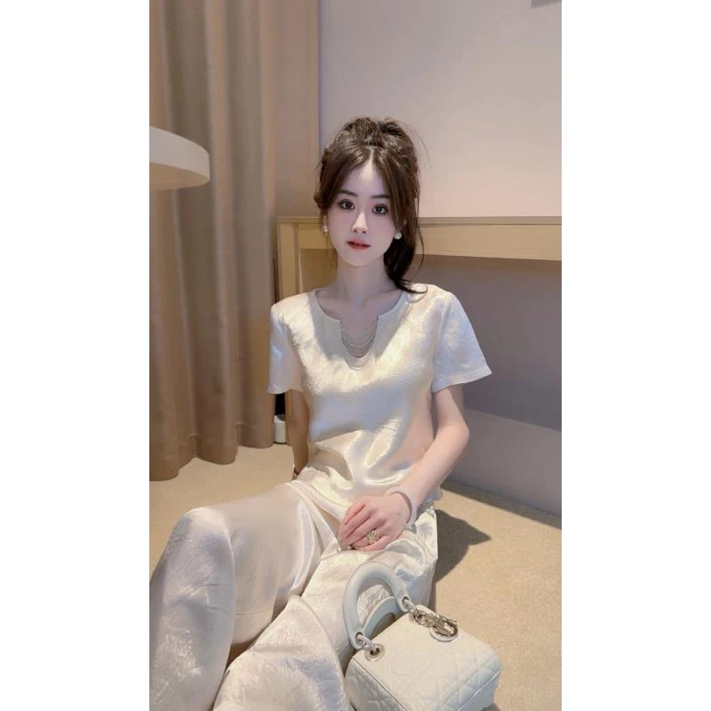 Ling【U链T恤】2025夏季新中式短袖气质设计感U型领时尚洋气薄款短