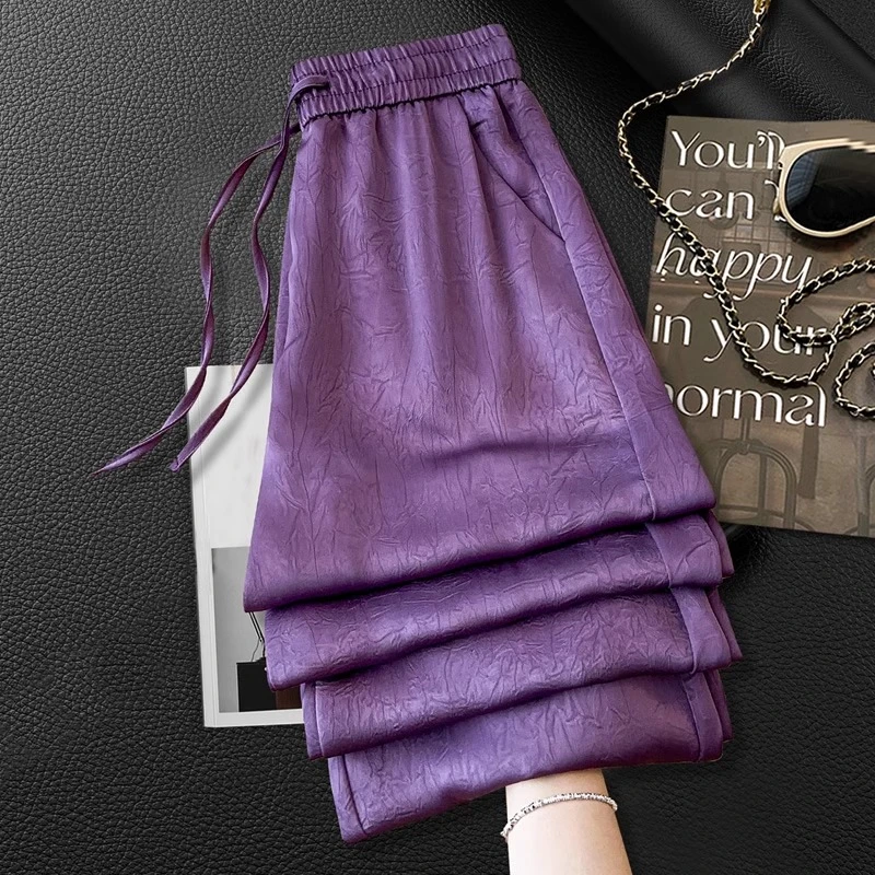 醋酸冰丝缎面提花阔腿裤女2025夏季轻薄新款乌梅酱紫色大码直筒裤