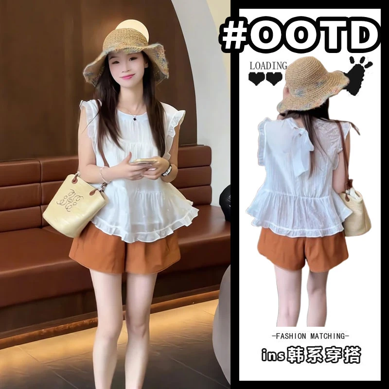 轻熟小众不撞款套装女2025新款高级感减龄白色上衣橙色短裤两件套