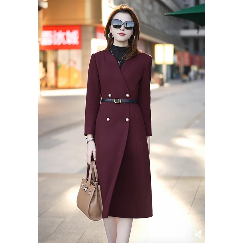 冬季厚款连衣裙长袖名媛秋季女神范V领显瘦休闲风红色婚礼Q8042