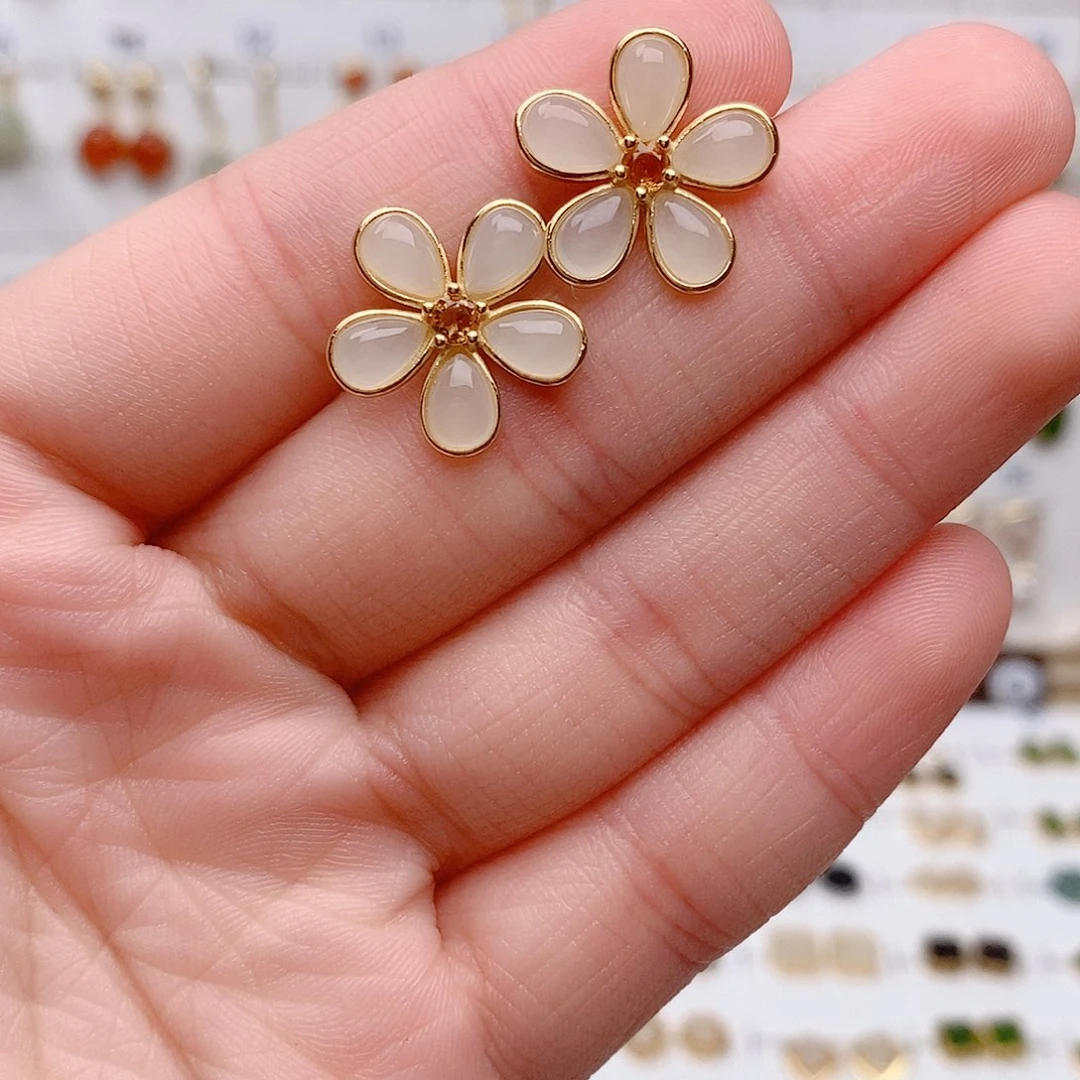 和田玉银S925镶嵌耳饰