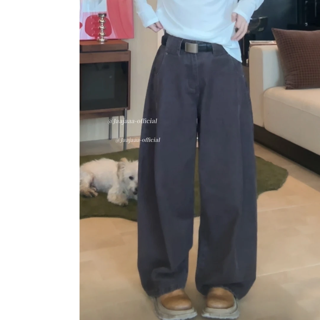 Jaajaaa月牙湾  秋冬小众做旧复古时尚百搭休闲直筒牛仔裤/HGIH