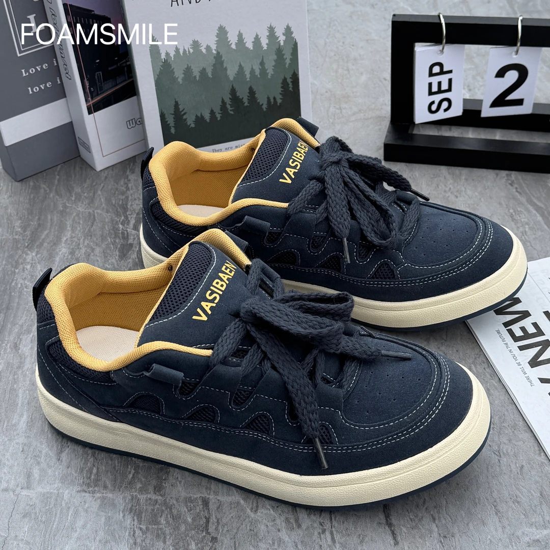 Foamsmile| 秋季干净感痞帅板鞋厚底面包鞋系带平跟硫化车缝线