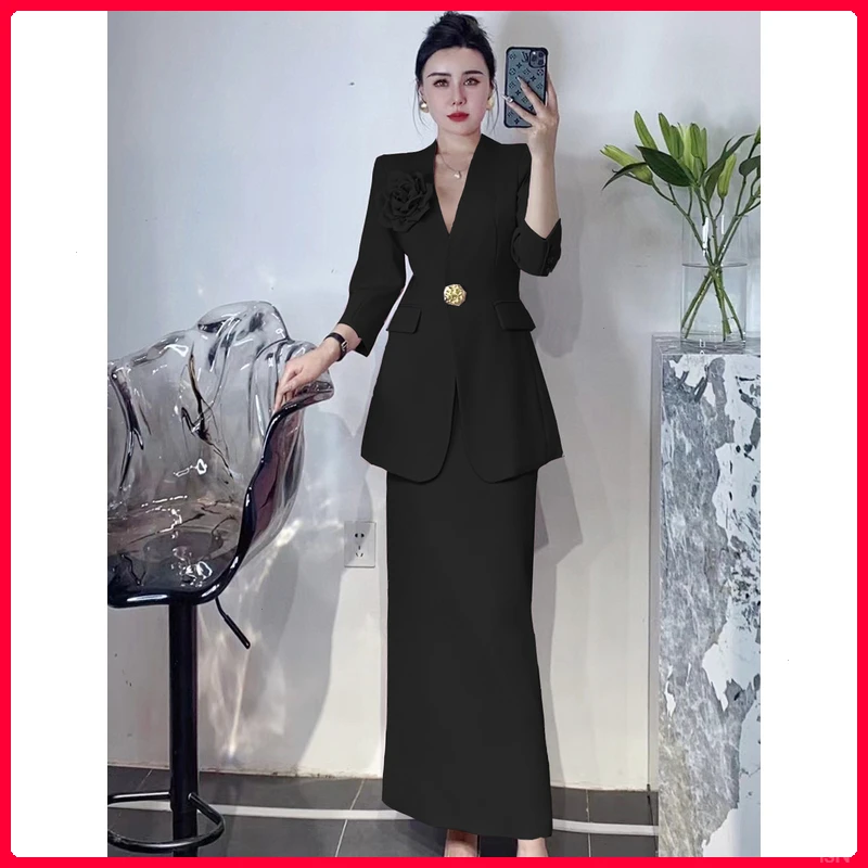 2025秋季新款高级感高端气质收腰西装套装裙女开叉半裙两件套职业