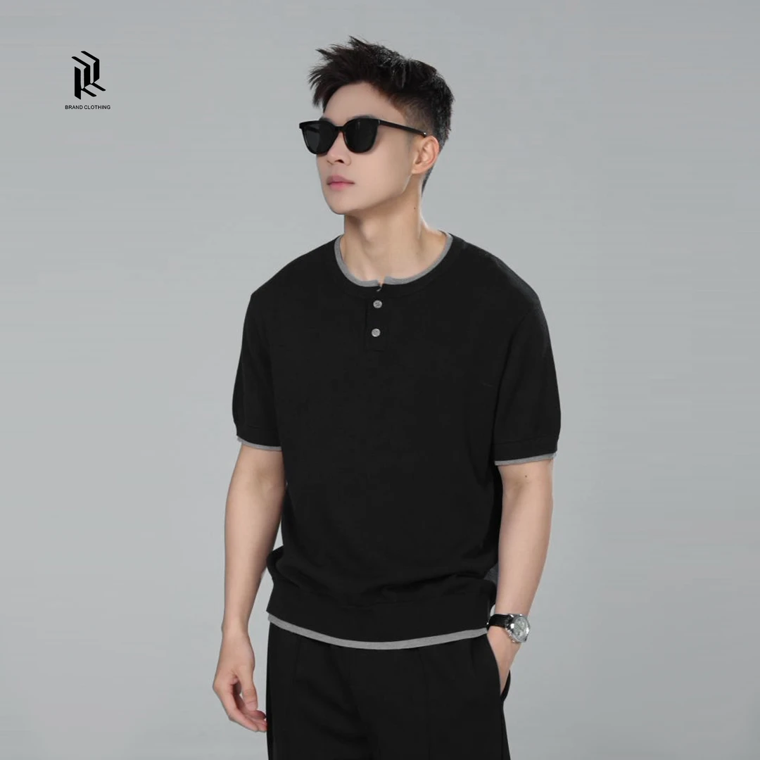 【RHETT KELLEY】夏季新款老钱风亨利领痞帅假两件男士休闲短袖针织