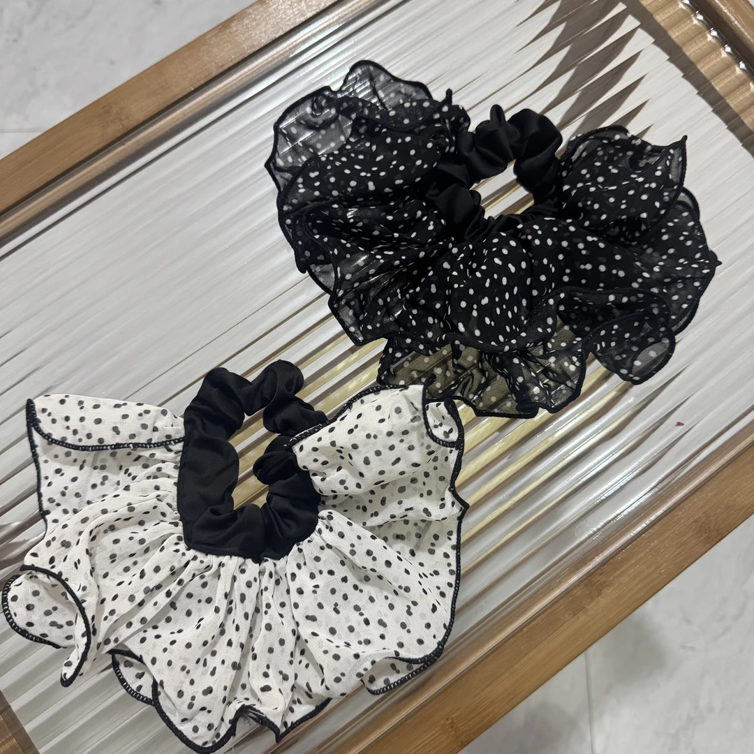 复古波点半圆设计蝴蝶结发绳气质扎马尾肥肠圈高级感发圈