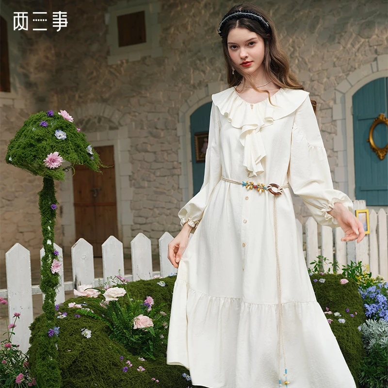 两三事薄雾之晨禅意秋冬衣服女法式连衣裙女优雅显瘦白色长裙