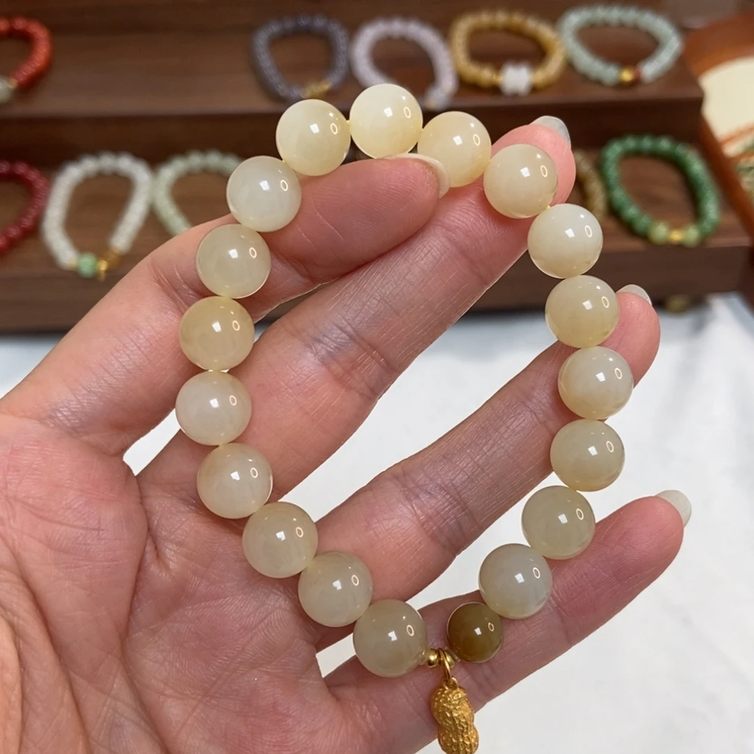 和田玉银S925镶嵌手链10mm糖白微瑕