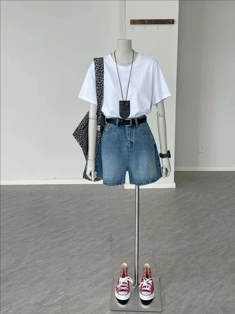 【如果】韩系时尚休闲夏季白色T恤上衣打底衫高腰蓝色牛仔短裤套装