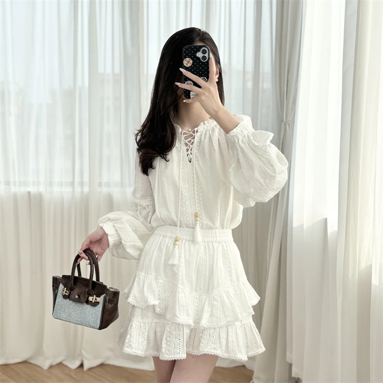 浪漫白月光丨白色重工刺绣薄女法式灯笼袖衬衫+荷叶边半身裙套装