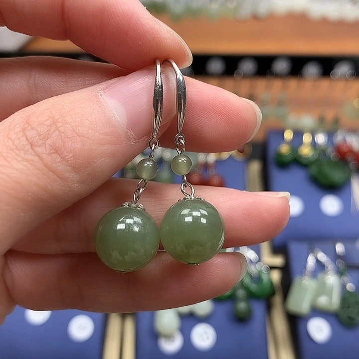 和田玉银S925镶嵌耳饰12左右晴水绿