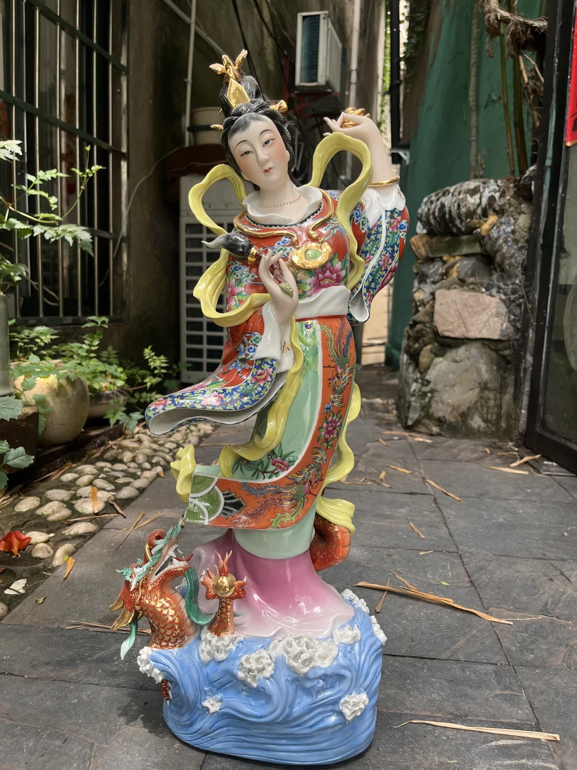 龙女景德镇手工雕塑瓷洛神宓妃神像中式古典祥龙仕女家用吉祥摆件