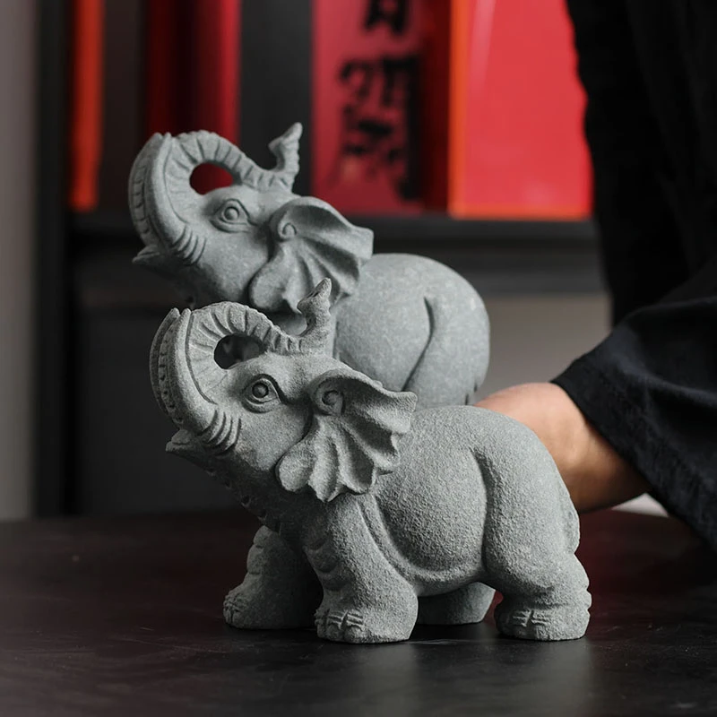 石雕青石小象雕刻大象摆件吉祥象迎财象一对阳台店铺摆放室内茶摆