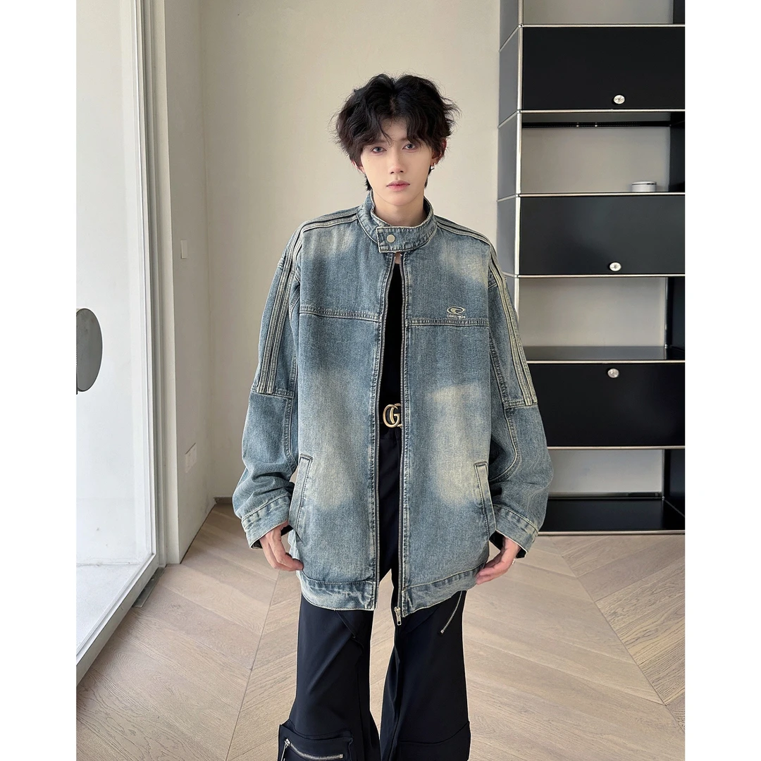 美式水洗牛仔外套男春秋款复古高级感欧美潮牌侧边条纹立领夹克衫