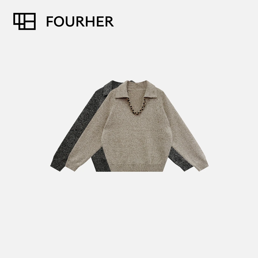 FOURHER 心动crush 编织香嵌 小香风花纱polo翻领毛衣