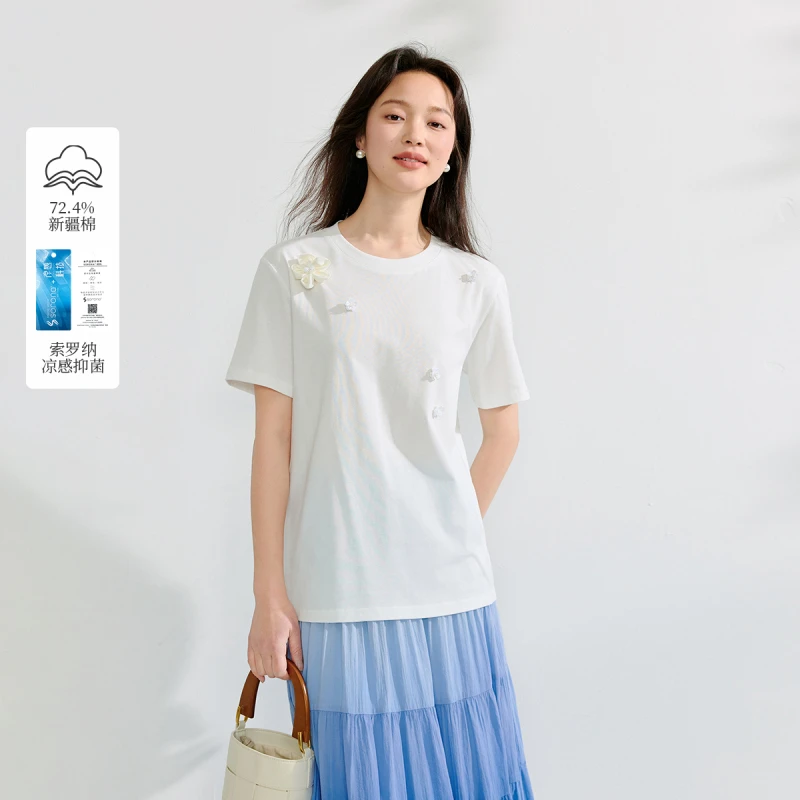 宽松型透气钉珠简约刺绣白T恤凉感印花运动欧美风