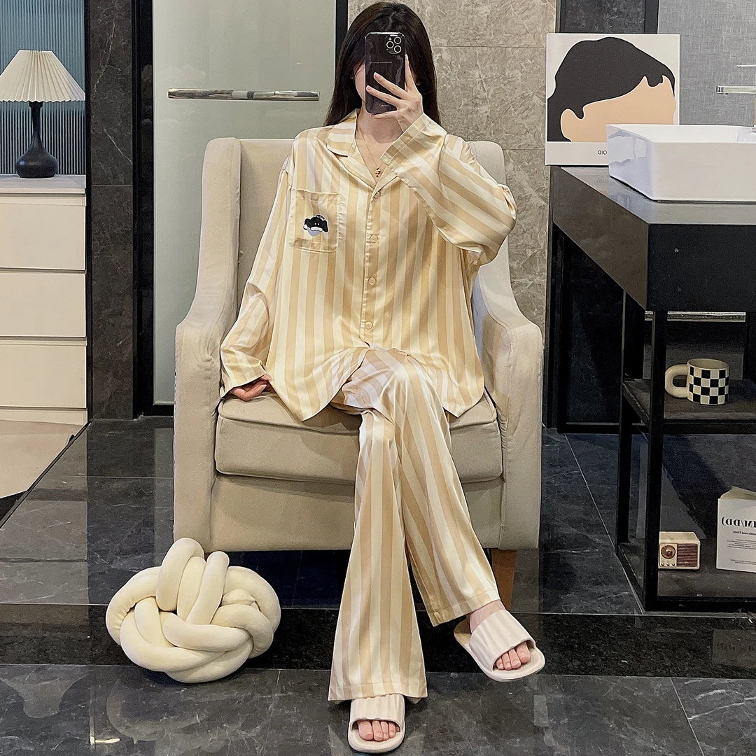 2025新款睡衣女春秋季可外穿冰雪丝长袖大码竖条纹长裤套装家居服