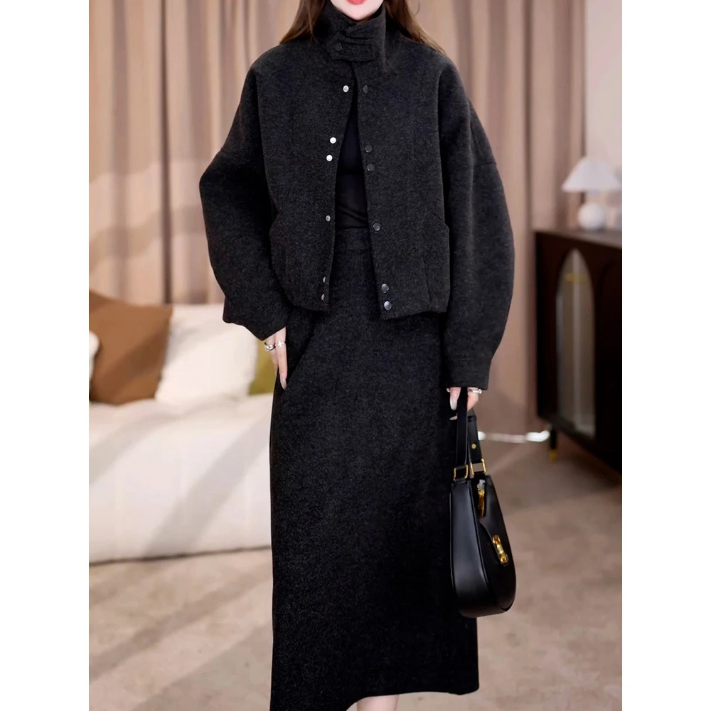 高级时尚通勤套装2025秋季新款轻奢洋气百搭保暖夹棉外套+半身裙