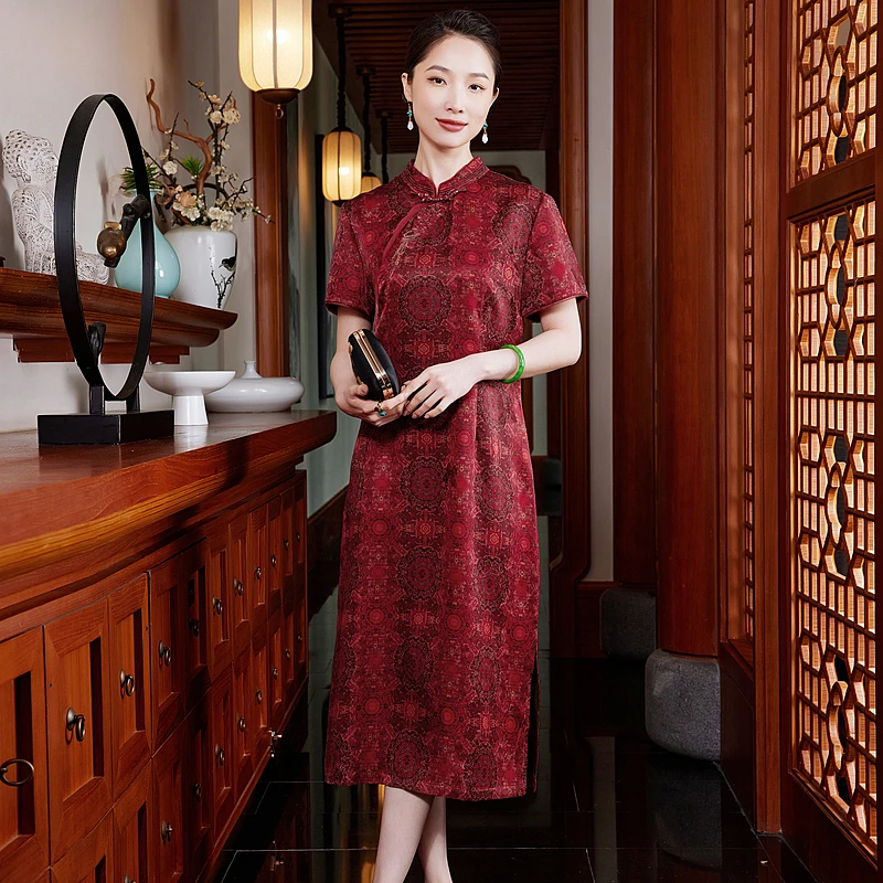 玺玥桑蚕丝香云纱红色复古婚礼显瘦气质夏季旗袍WX143