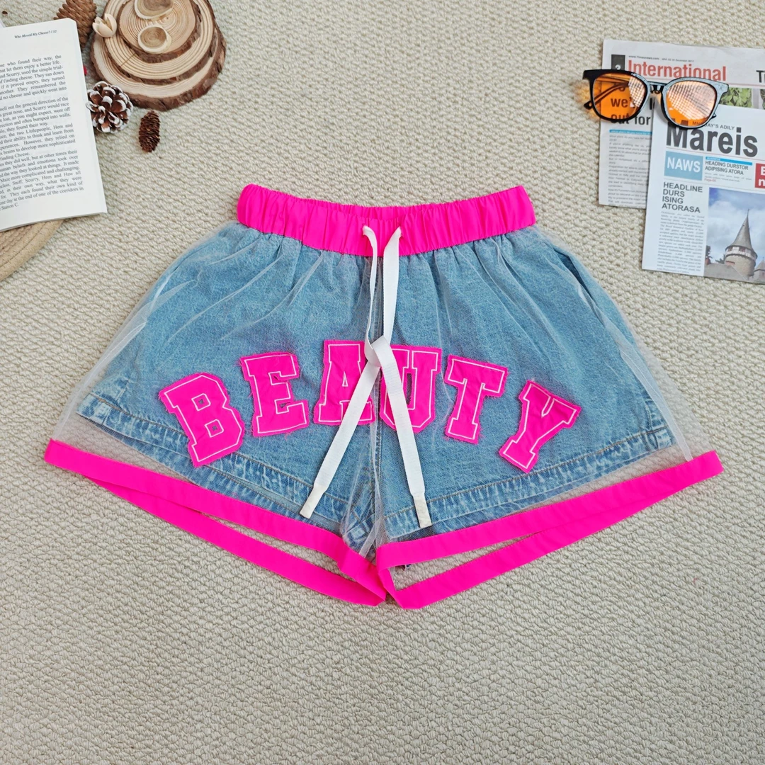 2025春季新款做旧休闲拼网纱牛仔拼色短裤0015