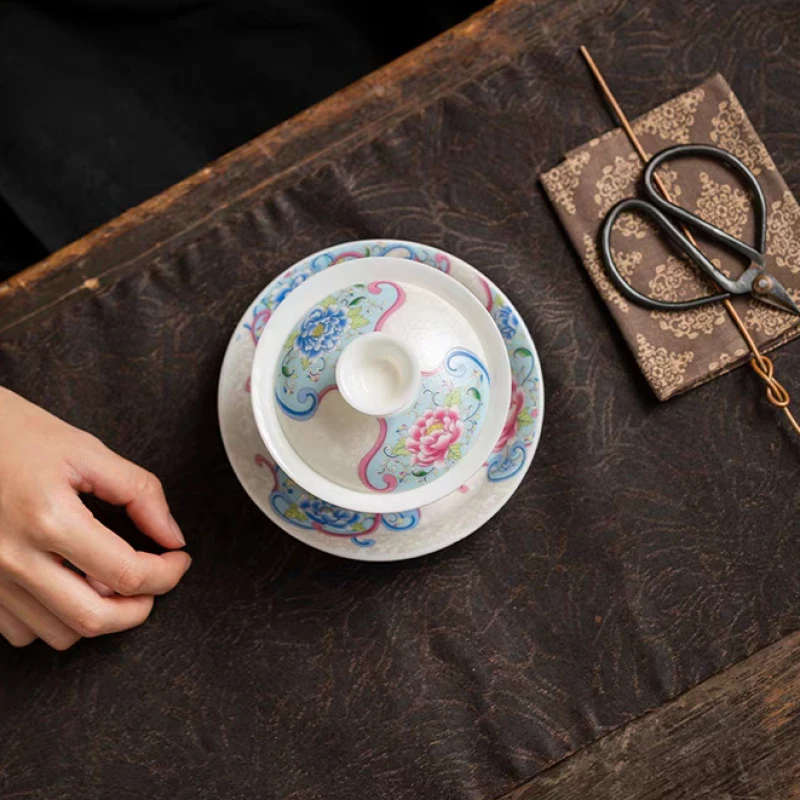 掐丝牡丹陶瓷盖碗A210