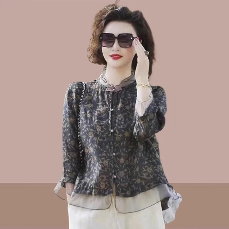 2025夏季新款国风七分袖衬衫休闲裤两件套女宽松气质贵妇碎花套装