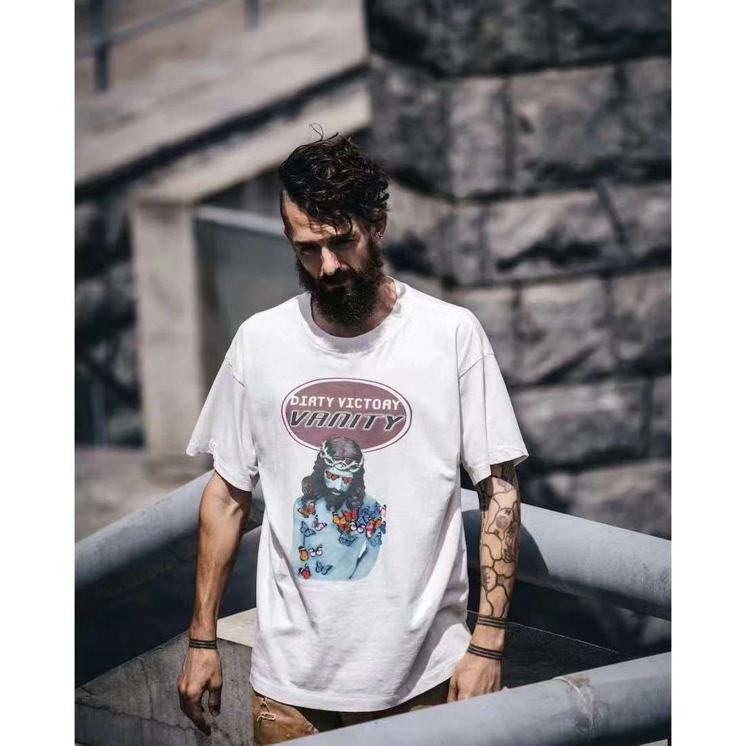 SAINTMxxxxxxVANITY SS 耶稣蝴蝶印花短袖 米白色圆筒无侧缝面料