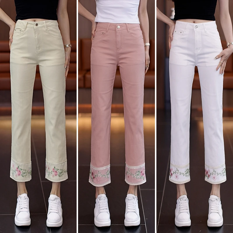 高腰薄款刺绣九分直筒裤女2025夏季新款修身外穿显瘦女裤烟管裤潮