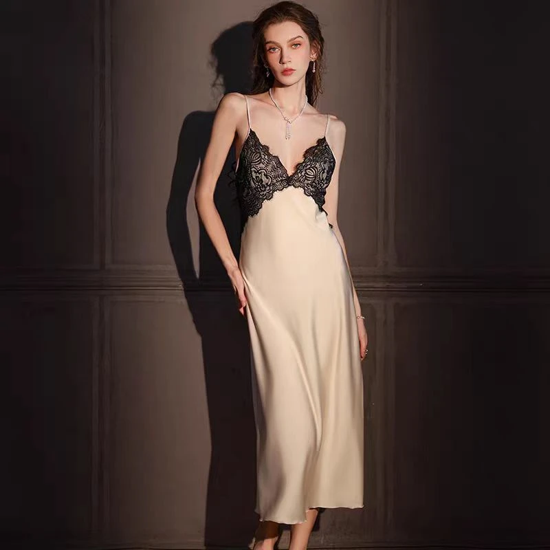 睡裙（0-150）编号月光丝雪花绒显瘦性感纯欲风蕾丝法式轻奢睡裙