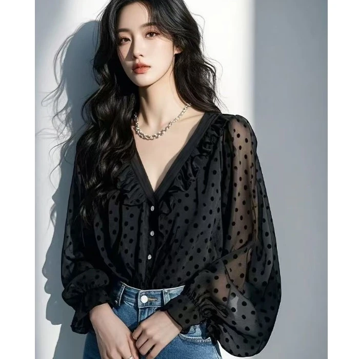 黑色波点荷叶边雪纺衬衫女春季法式高级感独特超好看气质宽松上衣