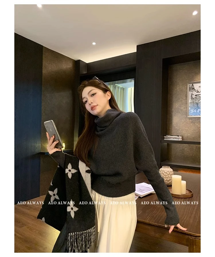 2025新款设计感小众半高领堆堆领套头毛衣女蝙蝠袖内搭针织衫