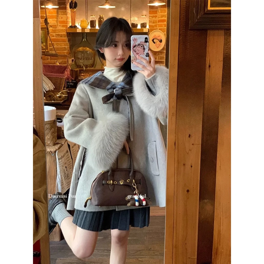 韩系新款加厚呢子大衣高级感气质海军领格子毛呢外套女冬SW7066
