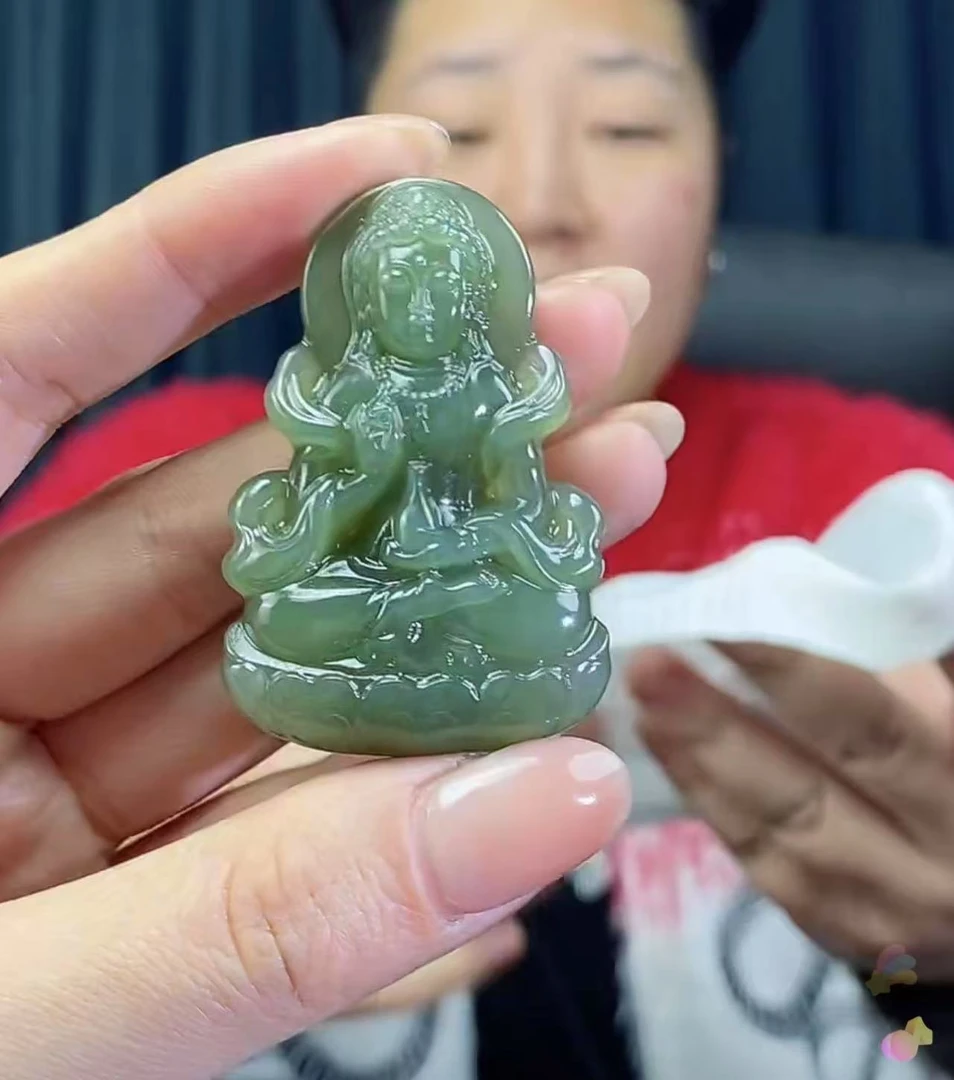 天然和田玉老料精雕飘带观音吊坠油润细糯
